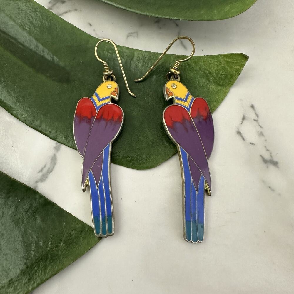 Laurel Burch Vintage 90s Cezanne Bird Dangle Earrings Gold Purple Tropical